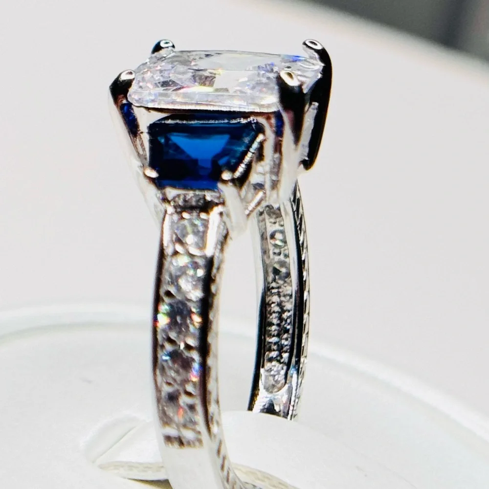 Elegant Sterling Silver Emerald Cut White Stone w/Blue Sapphire Stones - Picture 6 of 6